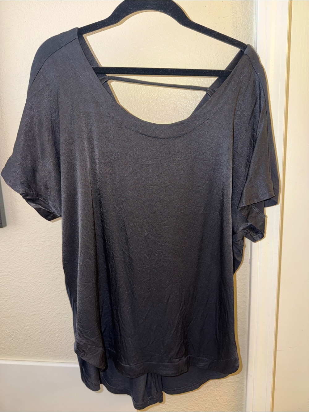 White House Black Market Black Short Sleeve Scoop Back Strap Top